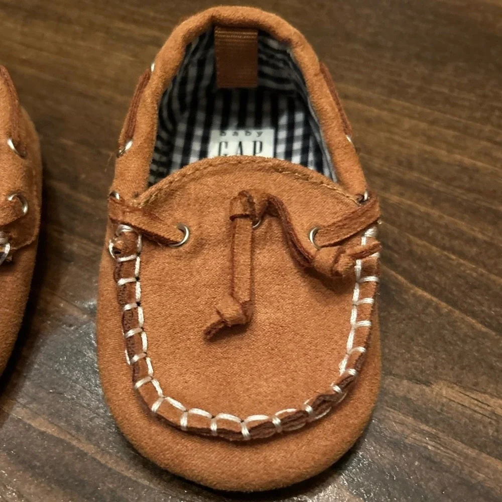 Baby Gap Moccasin Shoes Baby 6-12m Brown Excellent Faux Suede Gingham Preppy
